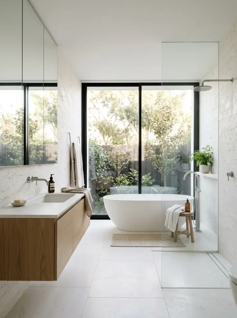 Luxury minimalist bathroom with a floating vanity, freestanding bathtub, neutral tones, and abundant natural light creating a spa-like retreat.