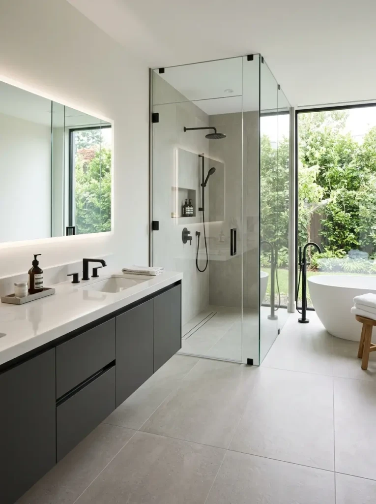 Contemporary minimalist bathroom featuring porcelain tiles, quartz countertops, frameless glass shower, and easy-to-clean finishes.
