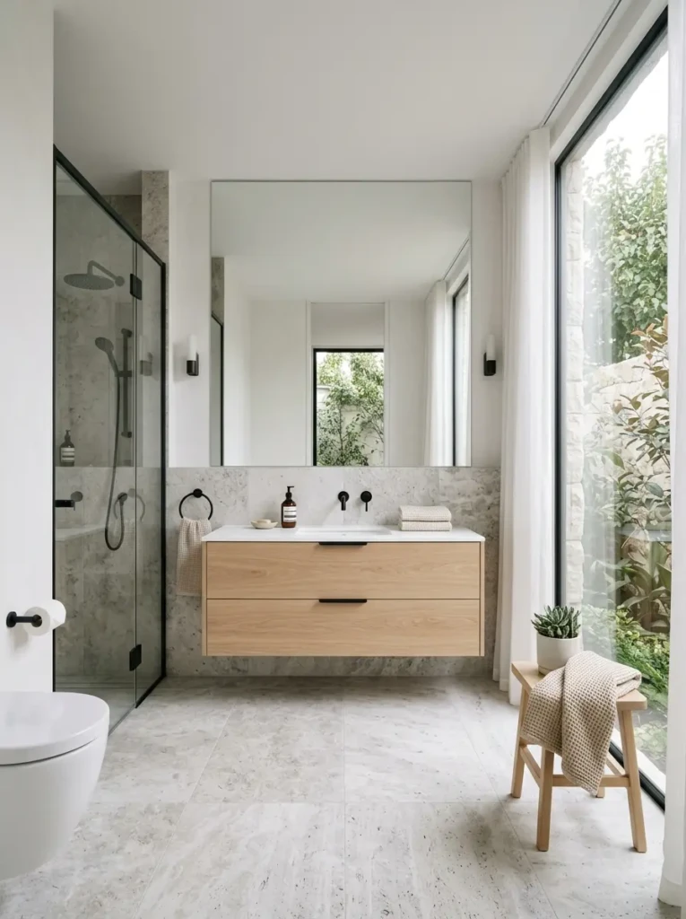 Contemporary minimalist bathroom with white, beige, and gray tones, natural wood accents, and elegant black fixtures.