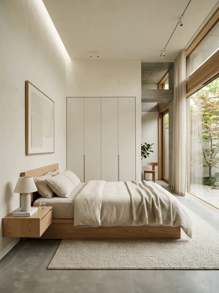 Elegant minimalist bedroom design featuring floating nightstands, clean architectural lines, hidden storage, and a calming neutral color palette.