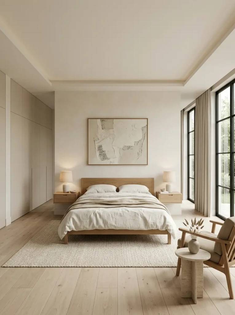 Peaceful minimalist bedroom with coordinated neutral furniture, hidden storage solutions, clean surfaces, and spacious open layout.