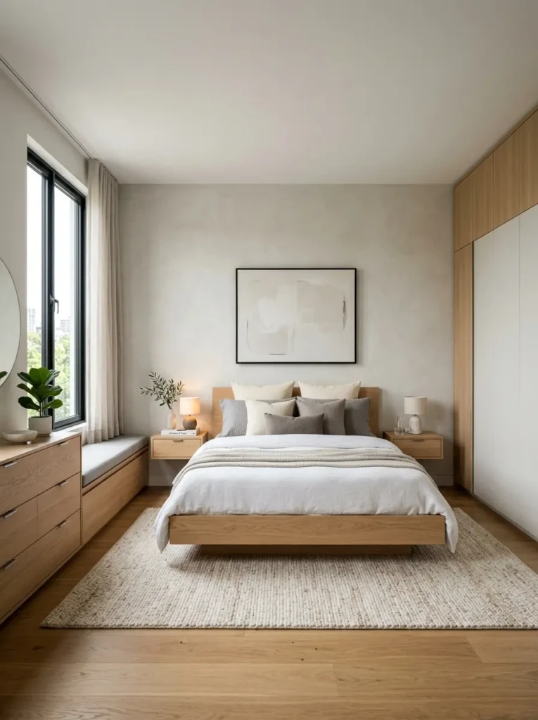 Stylish minimalist bedroom with a platform bed, floating bedside tables, built-in wardrobe, and multifunctional furniture in a clutter-free layout.