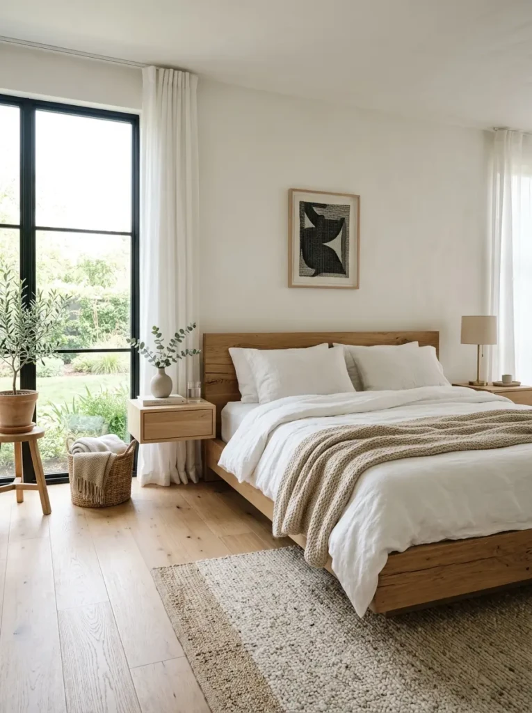Bright minimalist bedroom with a wooden platform bed, white linen bedding, neutral decor, and warm natural sunlight creating a peaceful atmosphere.