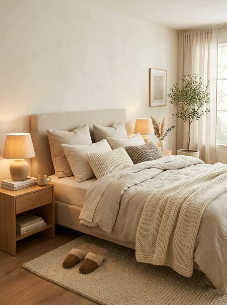 Modern minimalist bedroom decorated with a large indoor olive tree, natural wood furniture, linen bedding, and soft daylight.