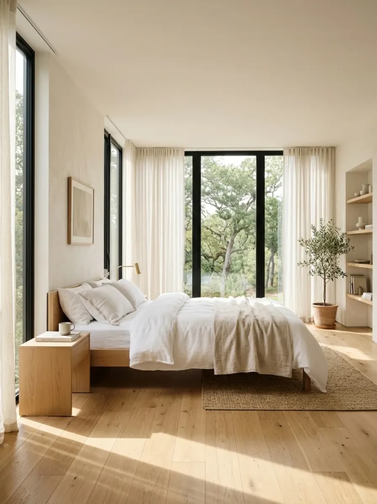 Bright minimalist bedroom with floor-to-ceiling windows, sheer curtains, white bedding, and abundant natural sunlight filling the room.
