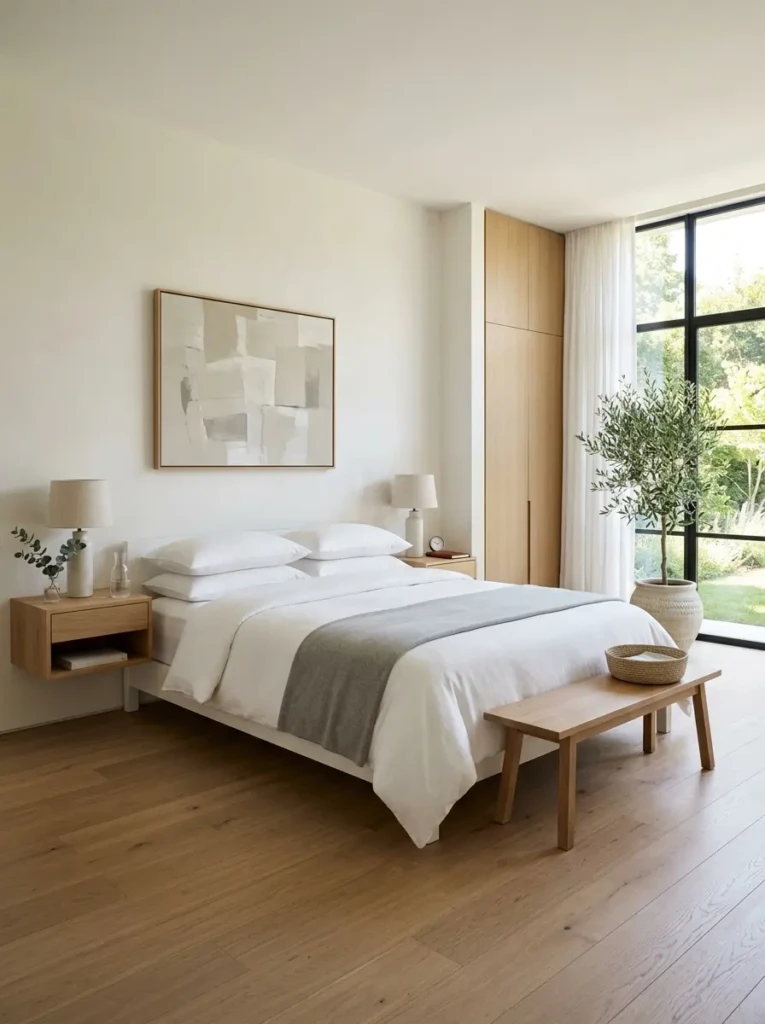 Spotless clean minimalist bedroom with neatly made white bedding, uncluttered nightstands, hidden storage, and a bright airy interior.