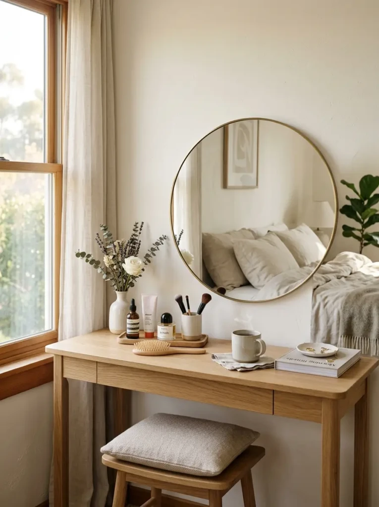 Peaceful minimalist dressing table with organized beauty essentials and morning sunlight