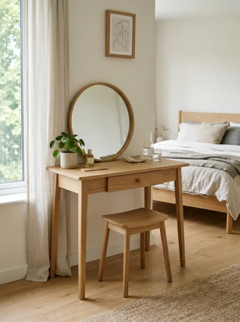 Wooden minimalist dressing table made from natural oak with a modern Scandinavian design