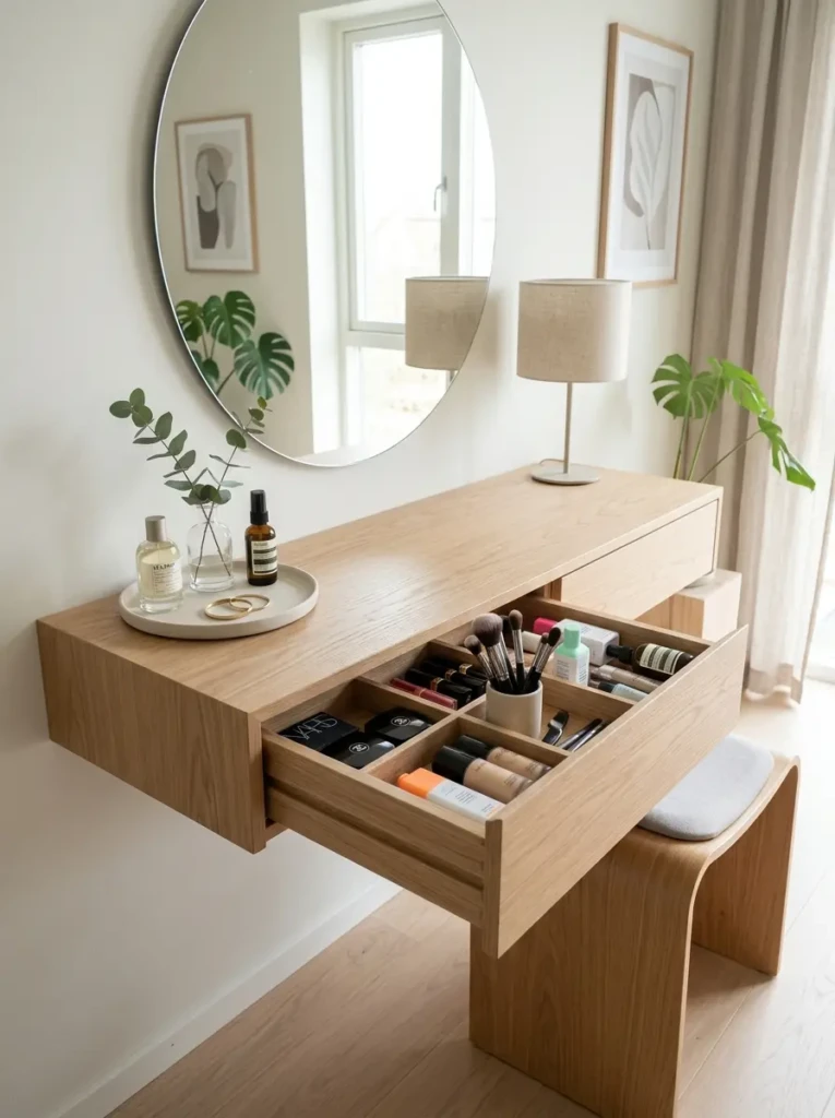 Minimalist dressing table with hidden drawers organizing makeup and skincare products
