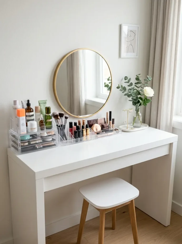 Minimalist dressing table with neatly arranged cosmetics and acrylic storage organizers