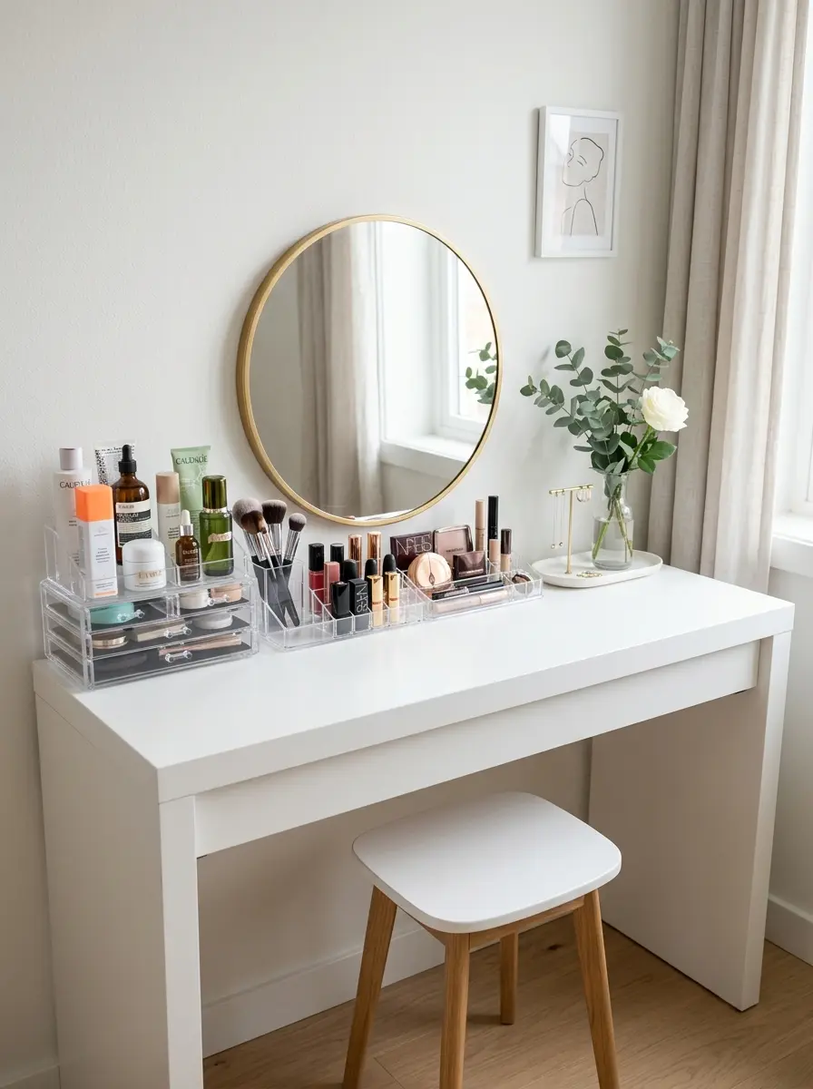 Minimalist dressing table with neatly arranged cosmetics and acrylic storage organizers