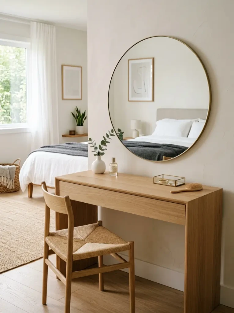 Minimalist dressing table featuring clean lines, hidden drawers, and a simple modern mirror