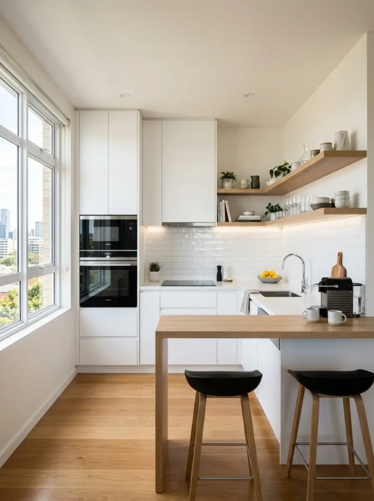 Kitchen set minimalist small spaces featuring built-in appliances, vertical cabinets, light colors, and smart storage for compact homes.