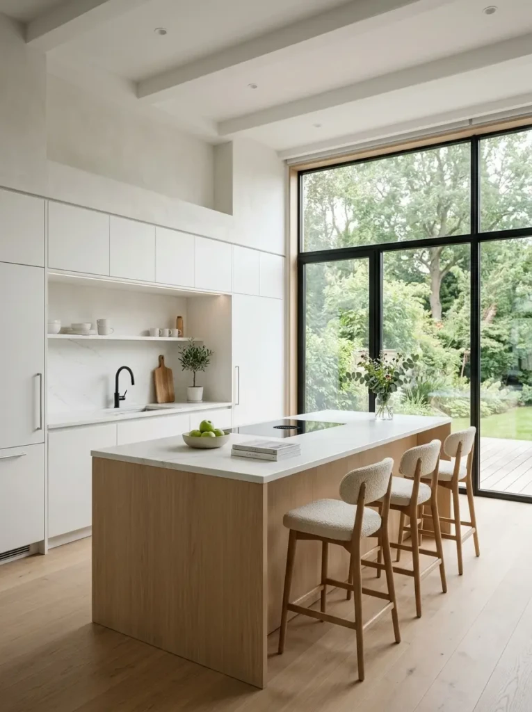 Bright kitchen set minimalist interior with white cabinets, natural wood accents, quartz countertops, and large windows creating a clean modern space.