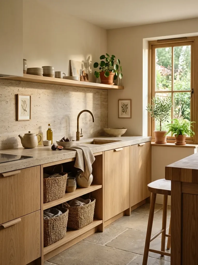 Minimalist kitchen featuring natural oak cabinetry, stone countertops, woven textures, indoor plants, and cozy lighting.