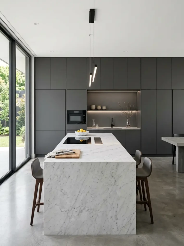 Luxury minimalist kitchen with built-in refrigerator, concealed dishwasher, hidden range hood, and sleek integrated cabinetry.