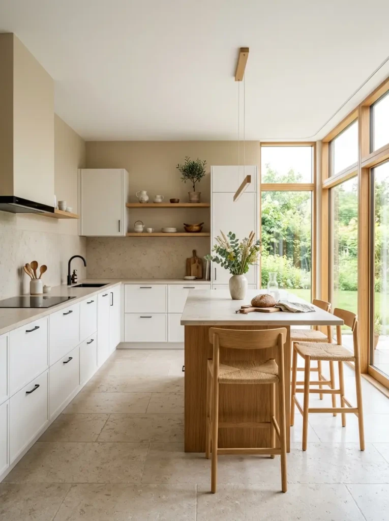 Bright minimalist kitchen with white cabinets, oak accents, beige tones, and natural light creating a spacious atmosphere.