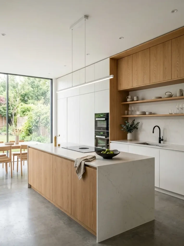Handleless flat-panel kitchen cabinets with matte finishes, hidden storage, and a clean modern minimalist aesthetic.