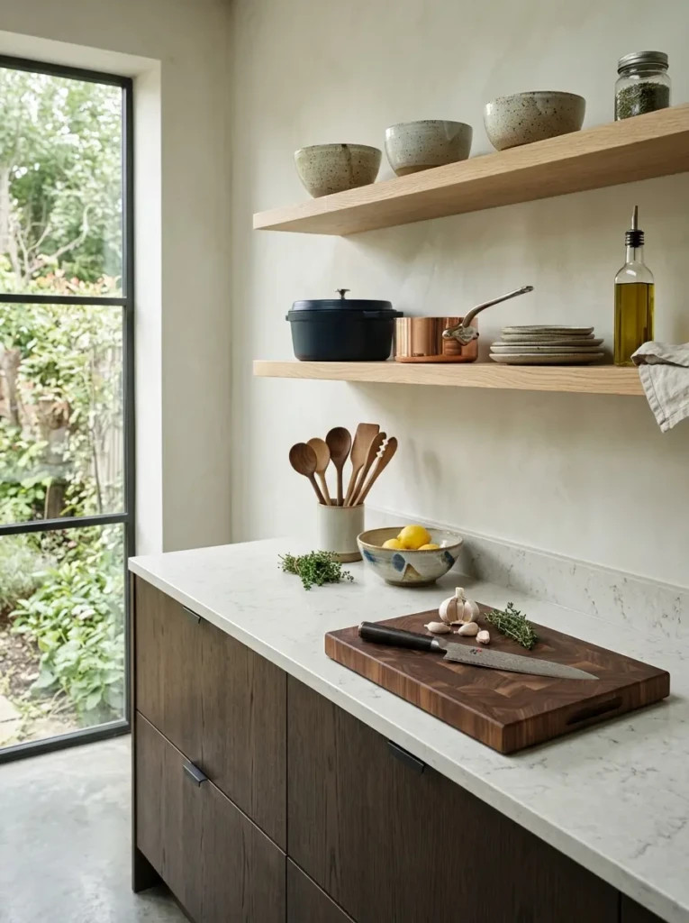 Elegant minimalist kitchen displaying high-quality cookware, ceramic bowls, wooden utensils, and carefully curated accessories.