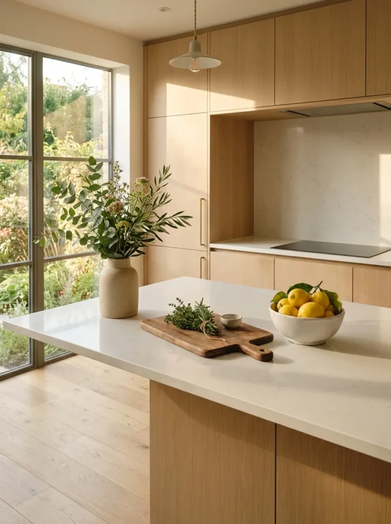 Spotless minimalist kitchen with clear quartz countertops, simple decorative accessories, and clean modern cabinetry.