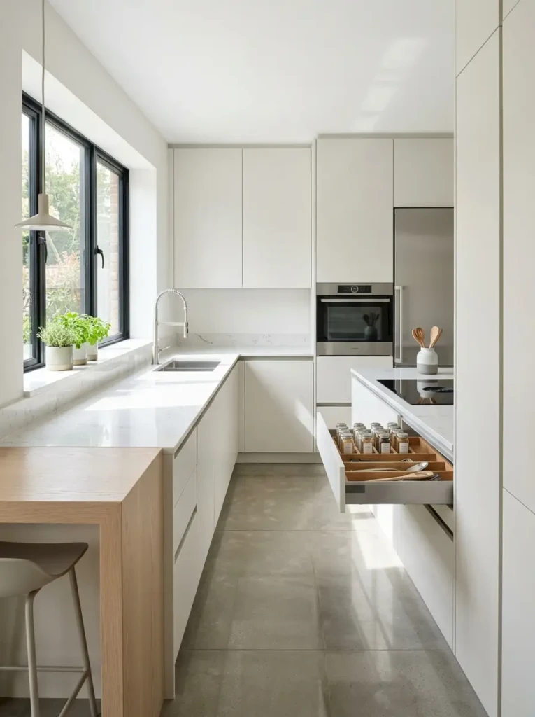 Spotless minimalist kitchen with organized storage, clean countertops, matte cabinets, and bright natural sunlight.