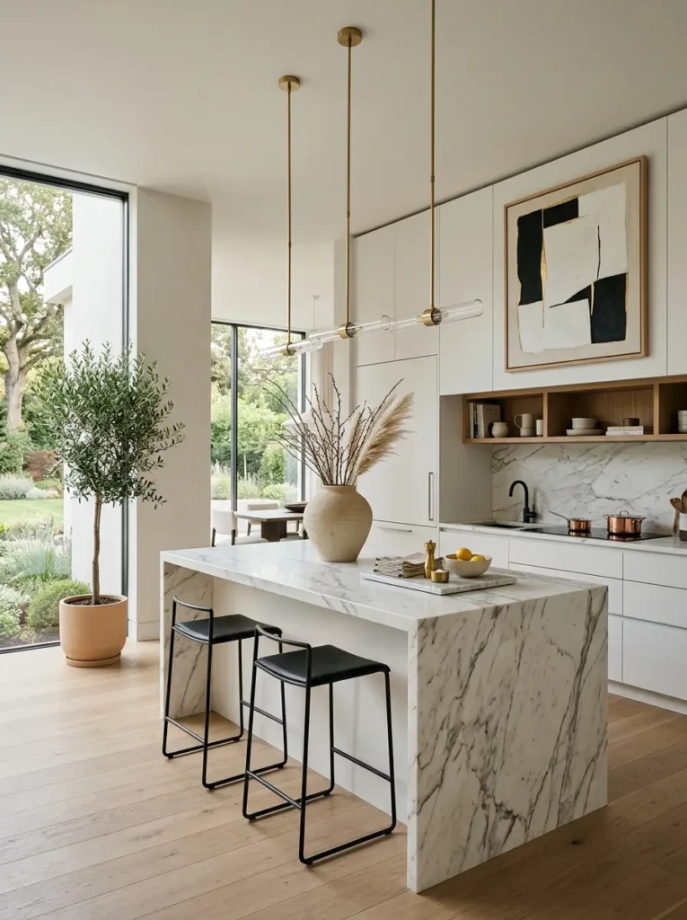 Modern minimalist kitchen decorated with ceramic vases, abstract wall art, sculptural lighting, and subtle greenery.