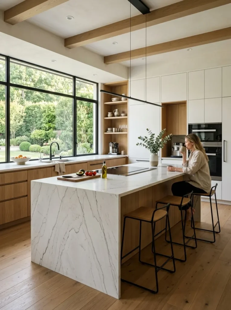 Luxurious kitchen set minimalist featuring timeless white cabinetry, natural wood finishes, waterfall island, integrated appliances, and abundant natural light.