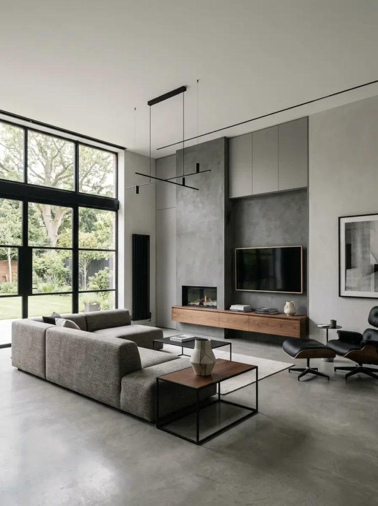 Modern minimalist living room with sleek furniture, clean lines, hidden storage, and contemporary lighting.