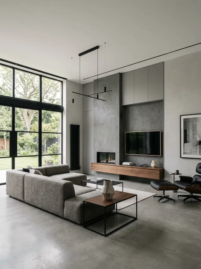 Modern minimalist living room with sleek furniture, clean lines, hidden storage, and contemporary lighting.