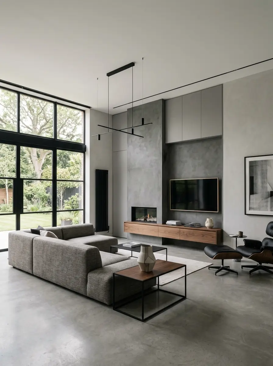 Modern minimalist living room with sleek furniture, clean lines, hidden storage, and contemporary lighting.