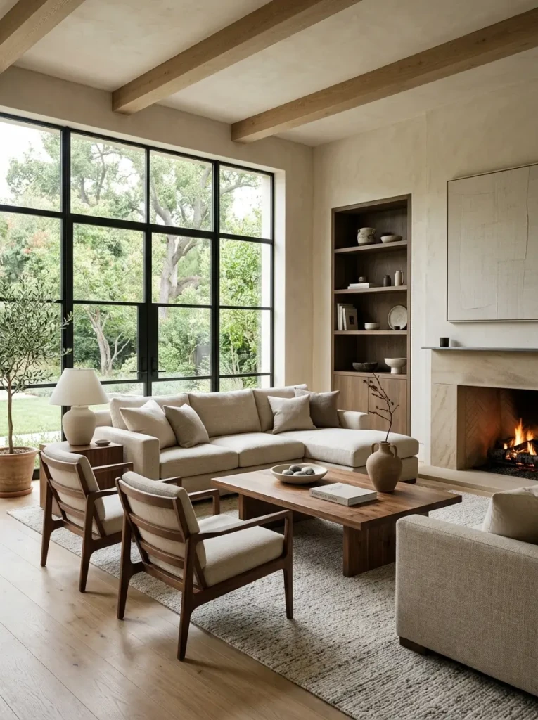 Elegant minimalist living room with durable furniture, natural materials, and timeless modern styling.