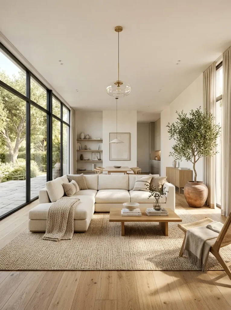 Bright minimalist living room with neutral furniture, natural wood accents, large windows, and cozy modern styling.