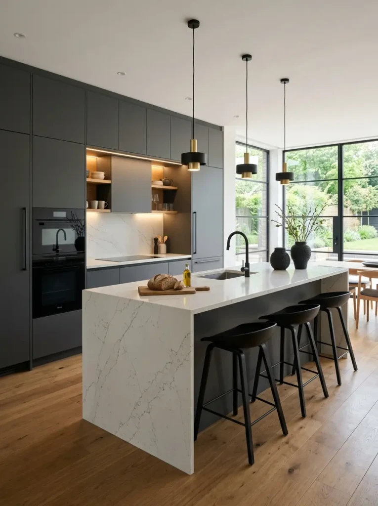 Kitchen set minimalist modern with integrated appliances, waterfall island, black fixtures, warm wood flooring, and luxury finishes.