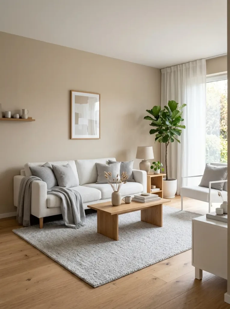 Minimalist room with white, beige, and natural wood tones creating a calm and elegant interior