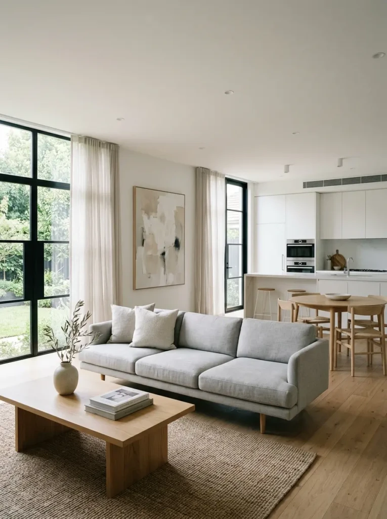Clean minimalist room featuring simple furniture, uncluttered layout, and contemporary interior design