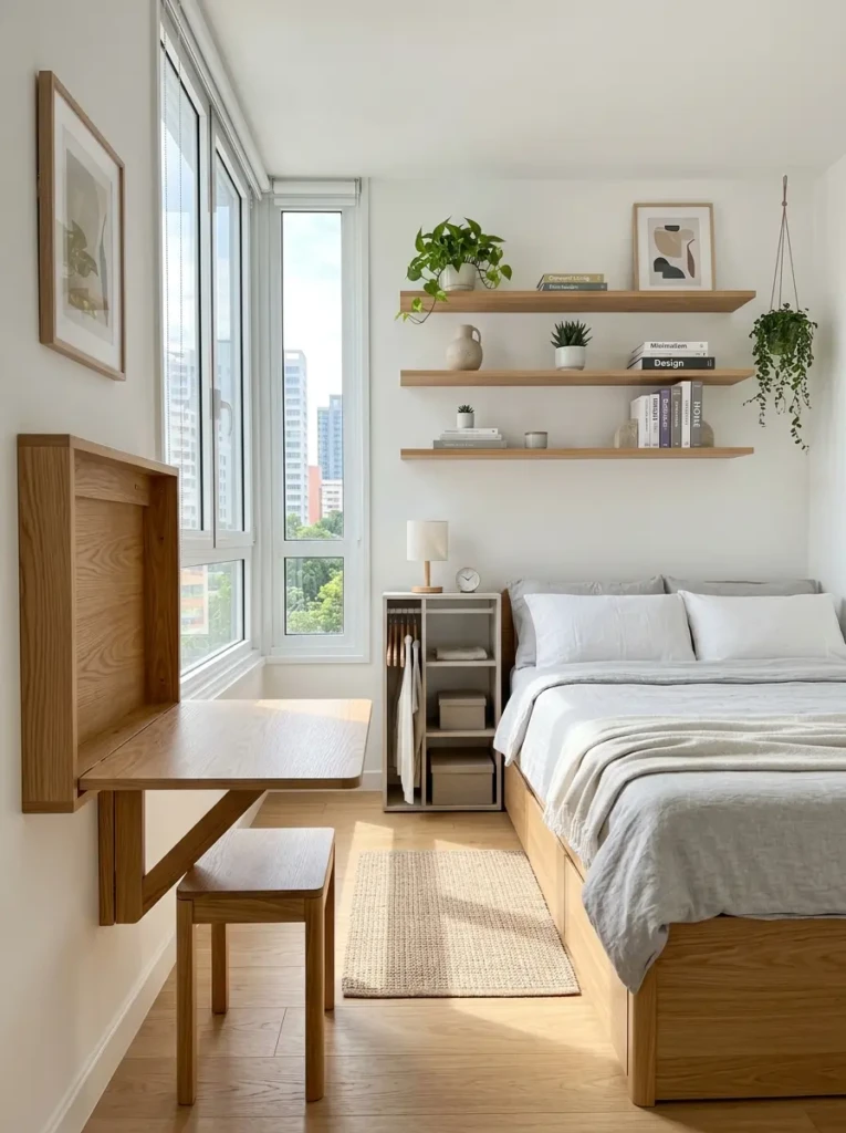 Compact minimalist room with wall-mounted shelves, storage bed, and space-saving modern furniture