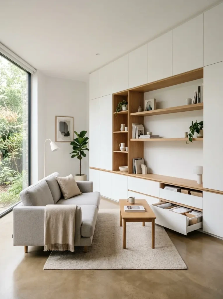 Minimalist room with built-in cabinets, hidden storage, and organized shelves for a clutter-free look