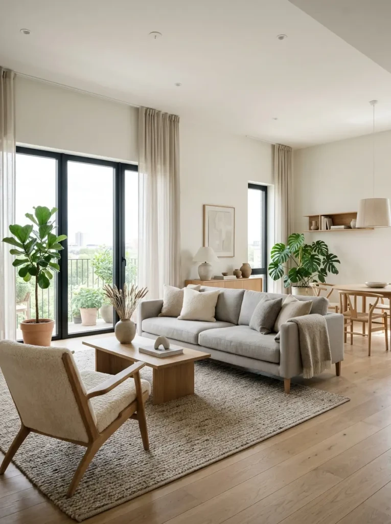 Elegant minimalist room with Scandinavian-inspired furniture, natural textures, indoor plants, and bright modern decor