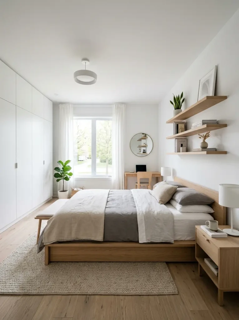 Minimalist room with multifunctional furniture, floating shelves, and efficient storage solutions