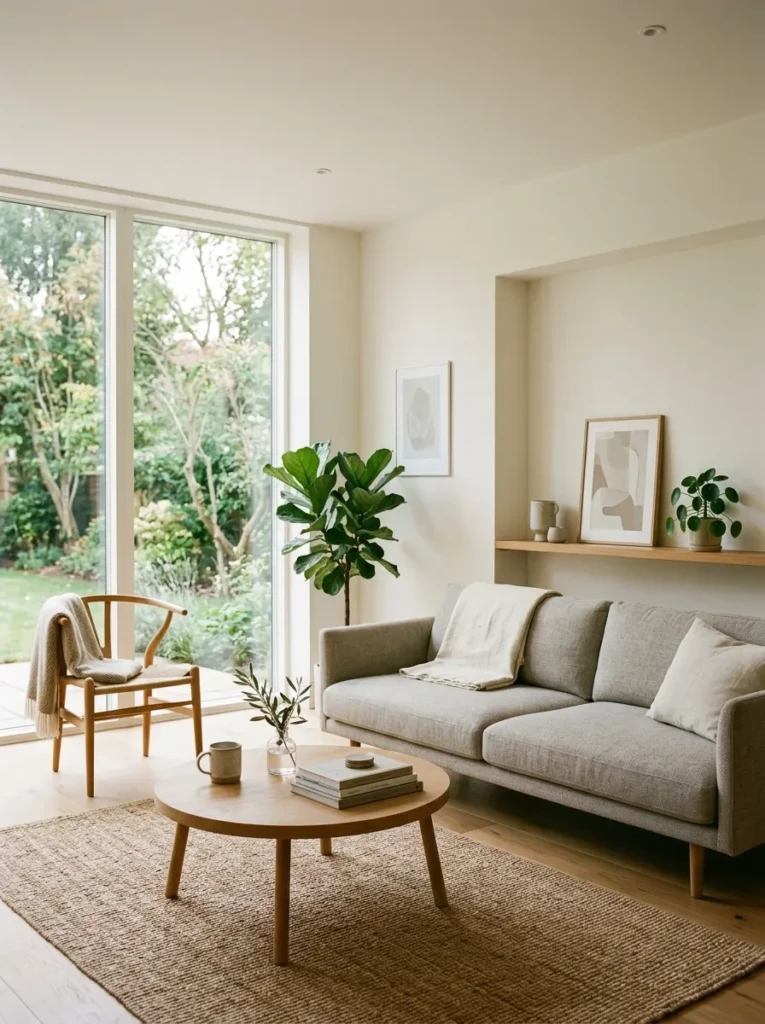 Organized minimalist room with clutter-free decor promoting relaxation and everyday comfort