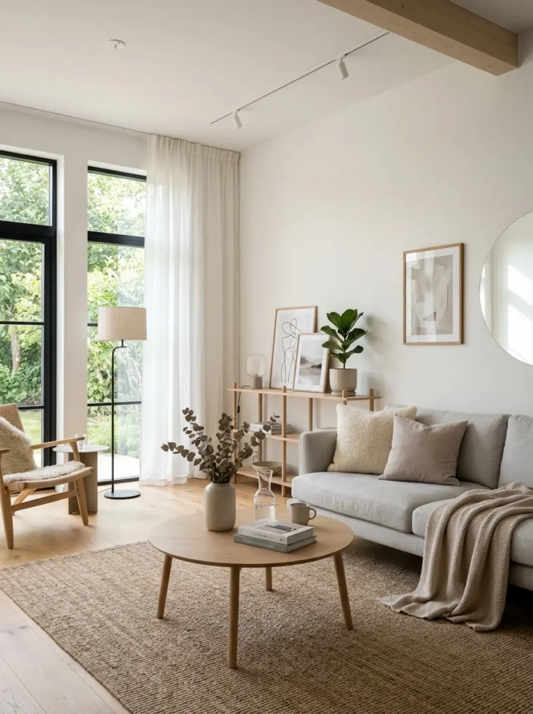 Bright minimalist room with modern furniture, neutral colors, and natural sunlight creating a peaceful atmosphere