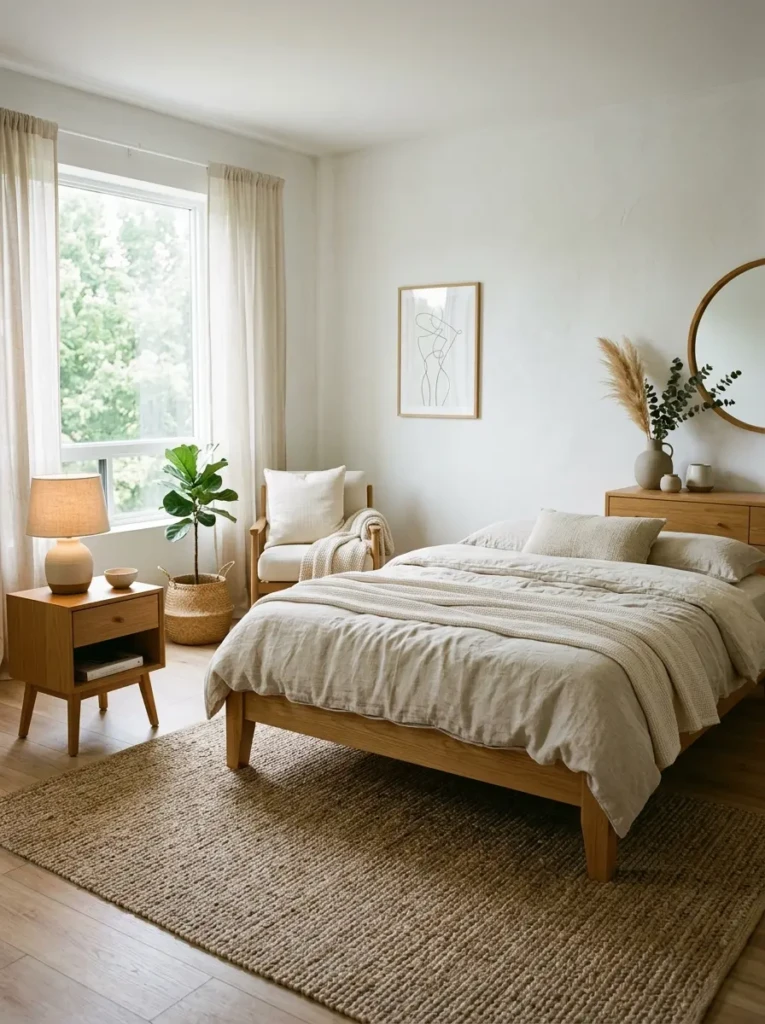 Cozy minimalist room styled with linen bedding, woven rug, ceramic decor, and natural wood furniture