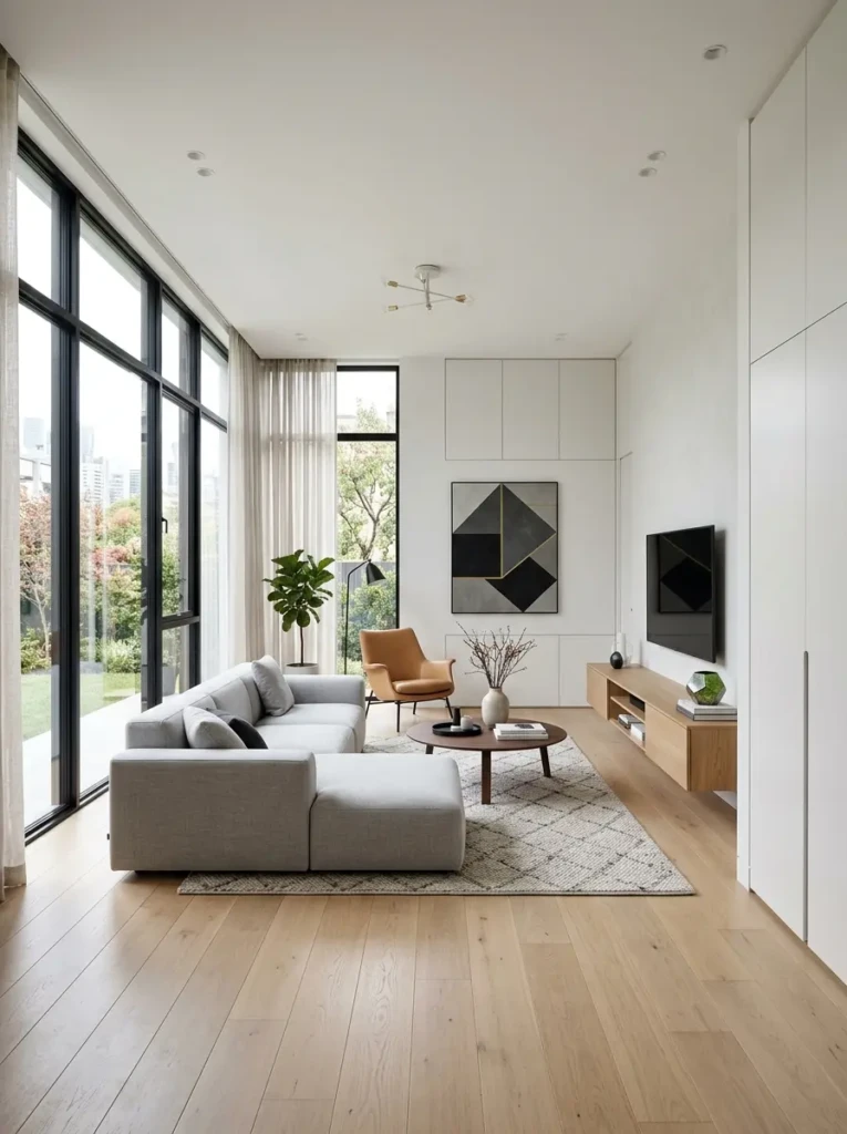 Modern minimalist room with sleek furniture, hidden storage, and large windows for a spacious look
