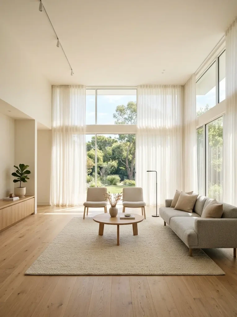 Bright minimalist room with floor-to-ceiling windows and sheer curtains allowing abundant daylight