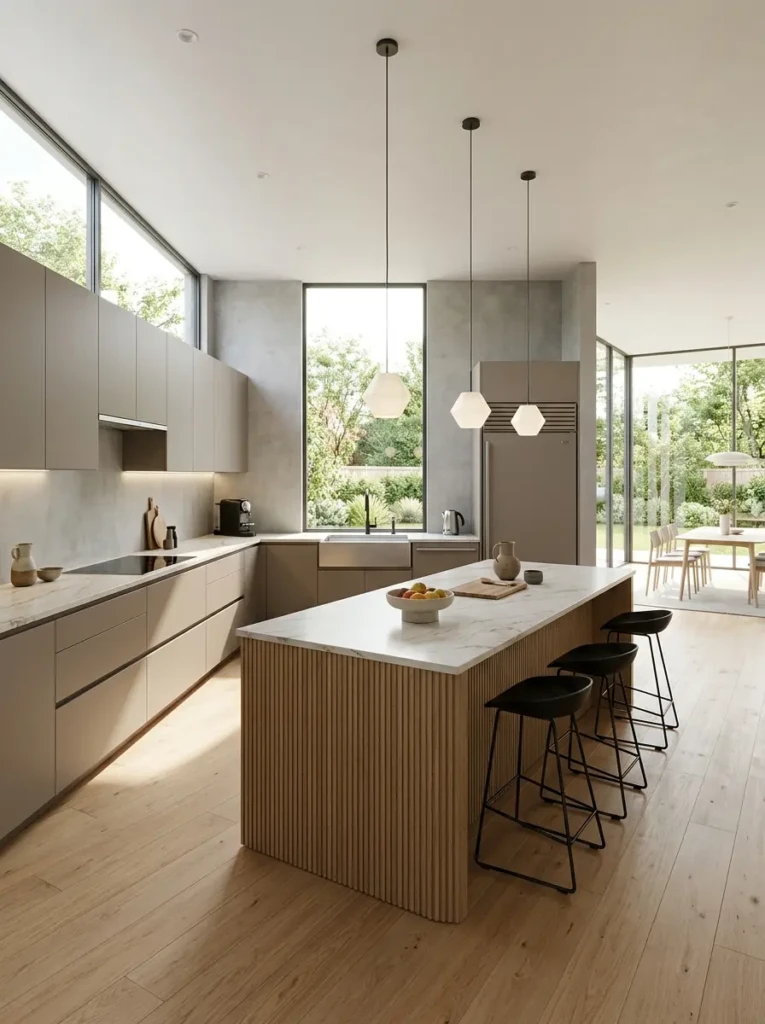 Well-planned minimalist kitchen with an efficient work triangle, spacious island, sleek cabinetry, and bright natural lighting.