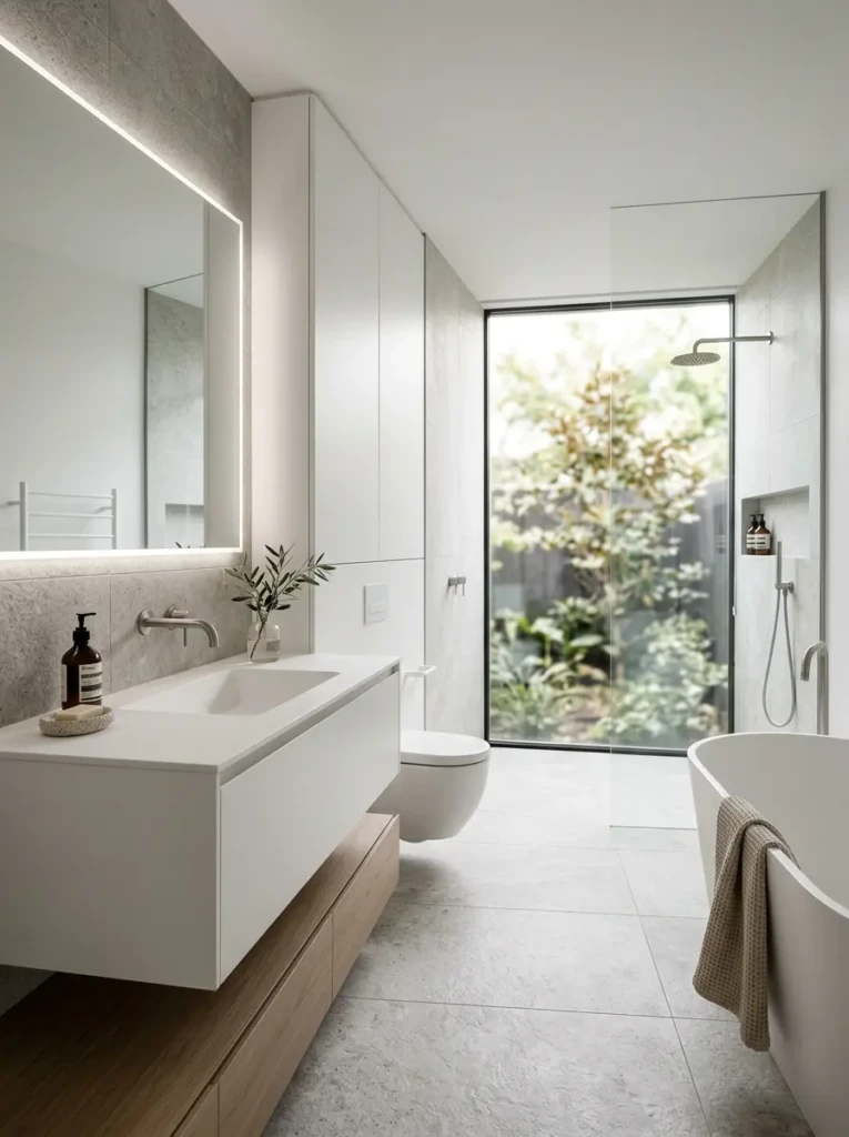 Modern minimalist bathroom featuring clean lines, floating vanity, concealed storage, and a calming neutral color palette.