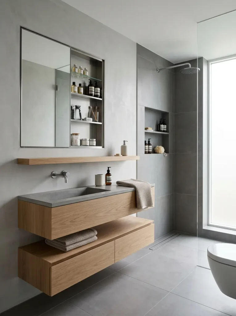 Modern minimalist bathroom with recessed medicine cabinets, hidden storage drawers, floating shelves, and organized shower niches.