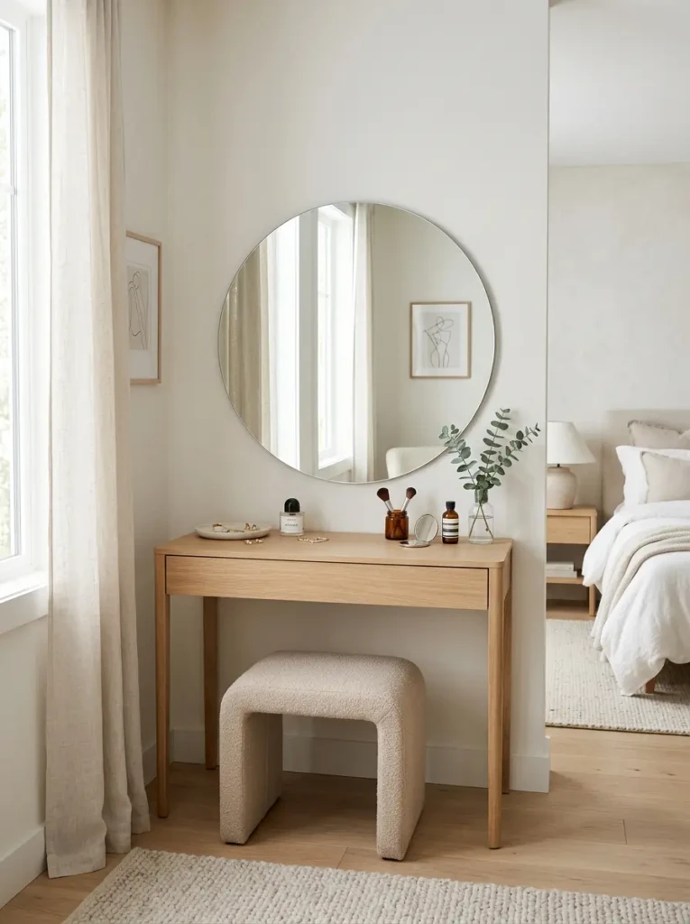 Minimalist dressing table with a frameless round mirror in a bright modern bedroom