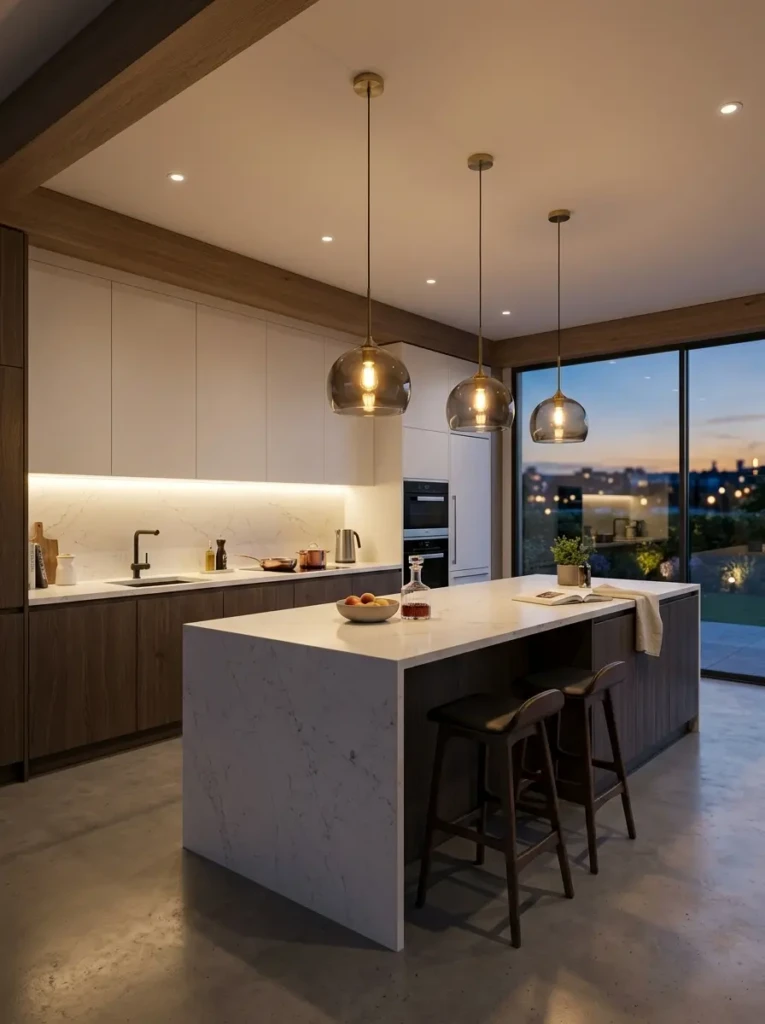 Contemporary minimalist kitchen illuminated with pendant lights, recessed lighting, and under-cabinet LED lights.