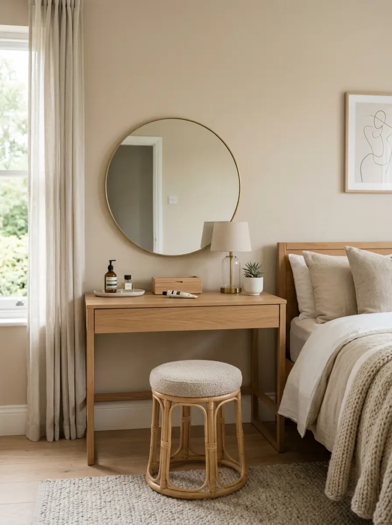 Organized minimalist dressing table with clutter-free surface and functional storage